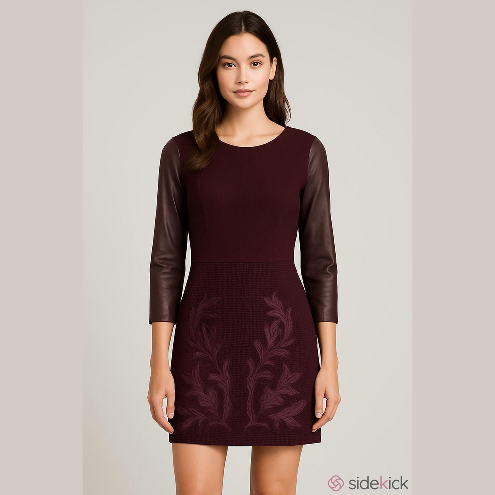 A. Moss genuine leather detail 3/4 sleeve bodycon dress size 12 burgundy